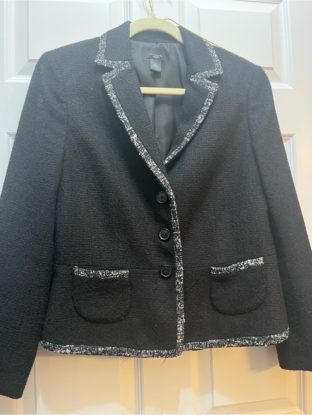 Ann Taylor Black Bouclé Blazer with Silver Trim